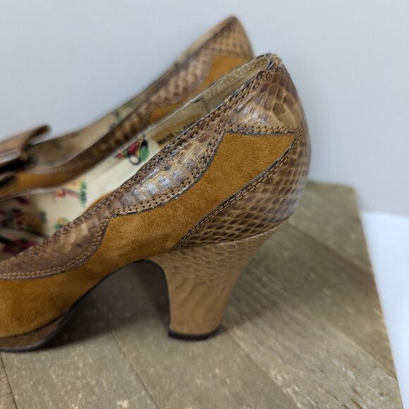 Miss L Fire Leather Suede Bow Heels Size 6 Vintage Style Peep Toe Retro Pinup 3" - Picture 5 of 10